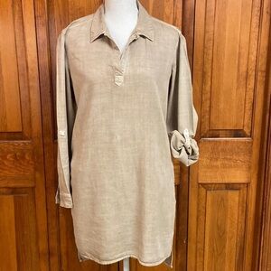 Sneak Peak Tencel Tan/Khaki Shirtdress High Low Hem Pockets Tan/Khaki Size S